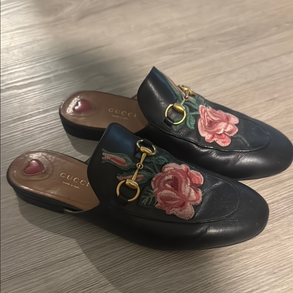 Gucci Black and Pink Floral Embroidered Mules